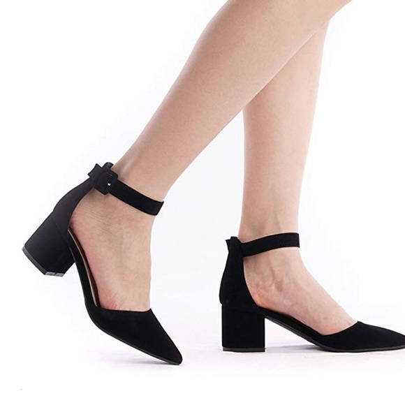 Dream Pairs Shoes - Dream Pairs Low Chunk Heel Black Nubuck Pumps